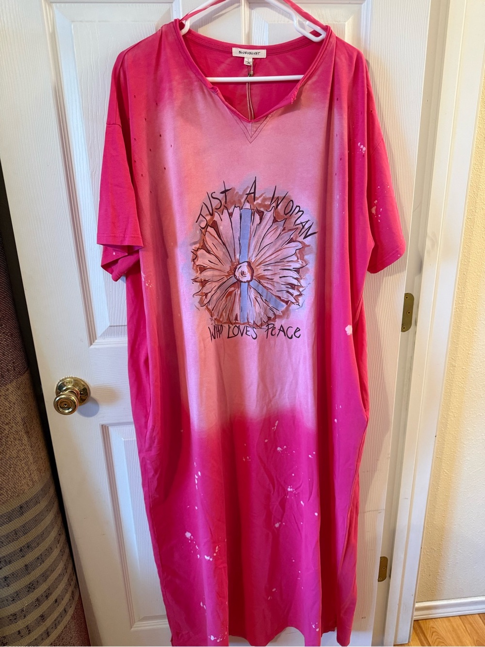 Blue Velvet Pink Oversized Graphic Maxi T-Shirt Dress L Distressed
